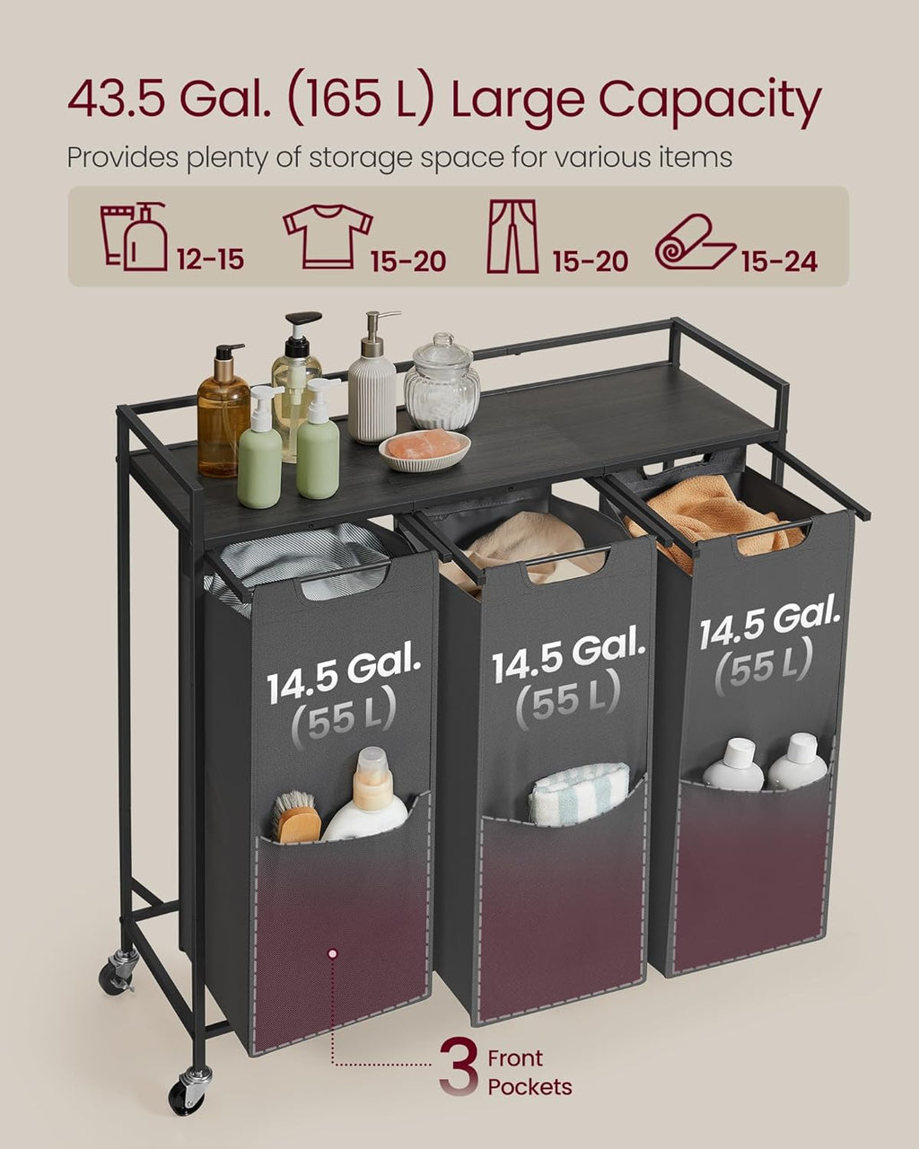 VASAGLE Laundry Sorter, 43.5 Gal. (165 L) Laundry Hamper Basket with 3 Compartments, Rolling Cart with Wheels, Shelf, Removable Bags, Pockets, Slate Gray and Charcoal Gray UBLH031G01