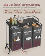 VASAGLE Laundry Sorter, 43.5 Gal. (165 L) Laundry Hamper Basket with 3 Compartments, Rolling Cart with Wheels, Shelf, Removable Bags, Pockets, Slate Gray and Charcoal Gray UBLH031G01
