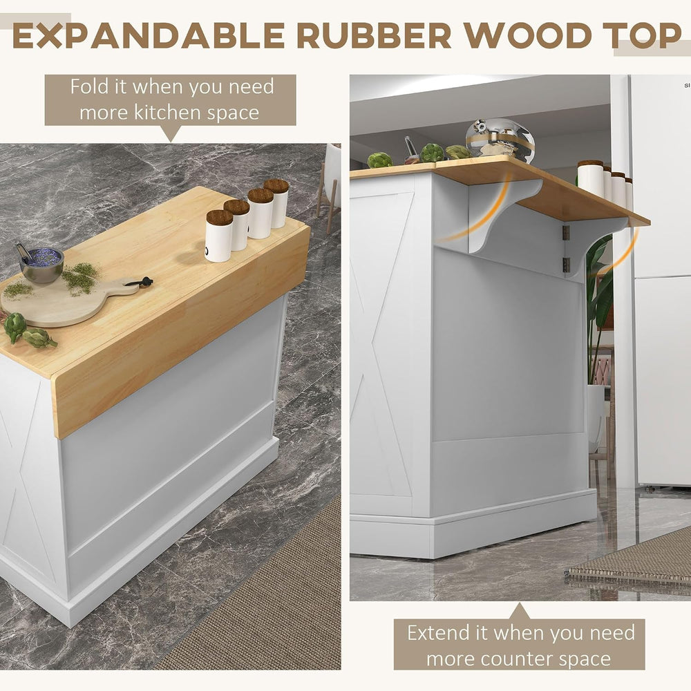 HOMCOM Rolling Kitchen Island with Drop Leaf Wood Breakfast Bar, White | Farm...