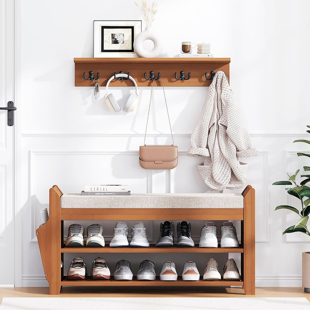 PETKABOO 31.5" Shoe Bench with Coat Rack Hidden Drawer and Side Holder, ...