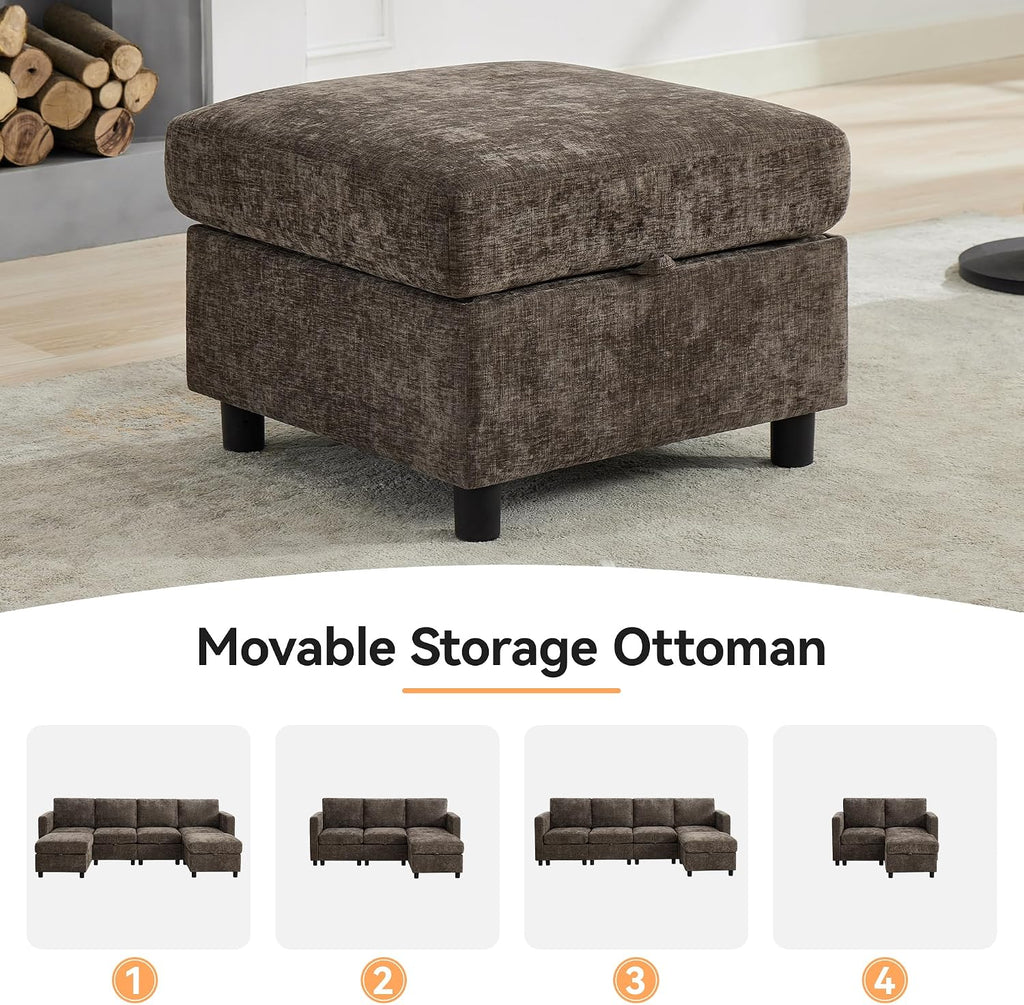 WUTUTUEE 25'' Square Storage Ottoman Module for Modular Sectional Sofa, Living Room Coffee Table Sectional Ottoman Footrest for Convertible Couch, Chenille Brown