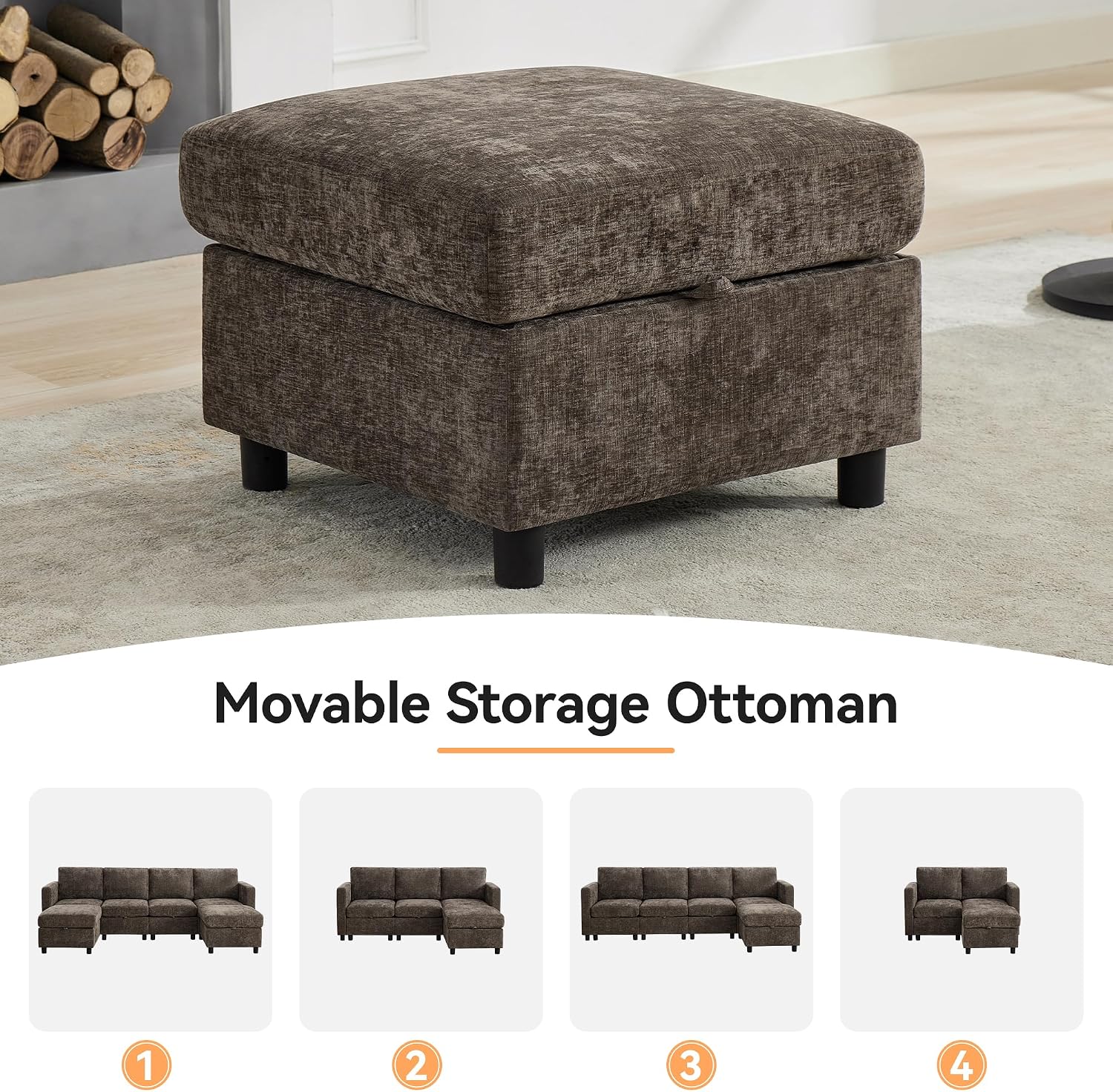 WUTUTUEE 25'' Square Storage Ottoman Module for Modular Sectional Sofa, Living Room Coffee Table Sectional Ottoman Footrest for Convertible Couch, Chenille Brown