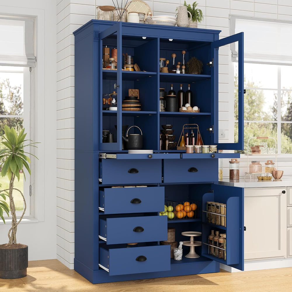 Tall Kitchen Pantry Cabinet with Glass Doors, Display Cabinet Coffee Bar Cabi...