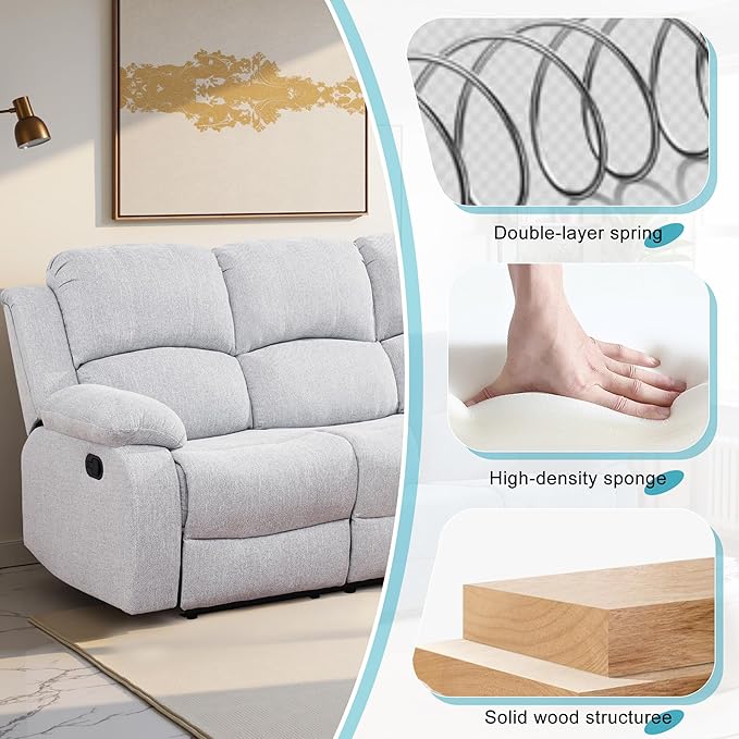 Recliner Sofa Set Couches for Living Room Chair Line Fabric Living Room Furniture Sets, Adjusted Loveseat Reclining Couch Furniture Sofa Set for Theater Seating, 3-Seater, Grey White