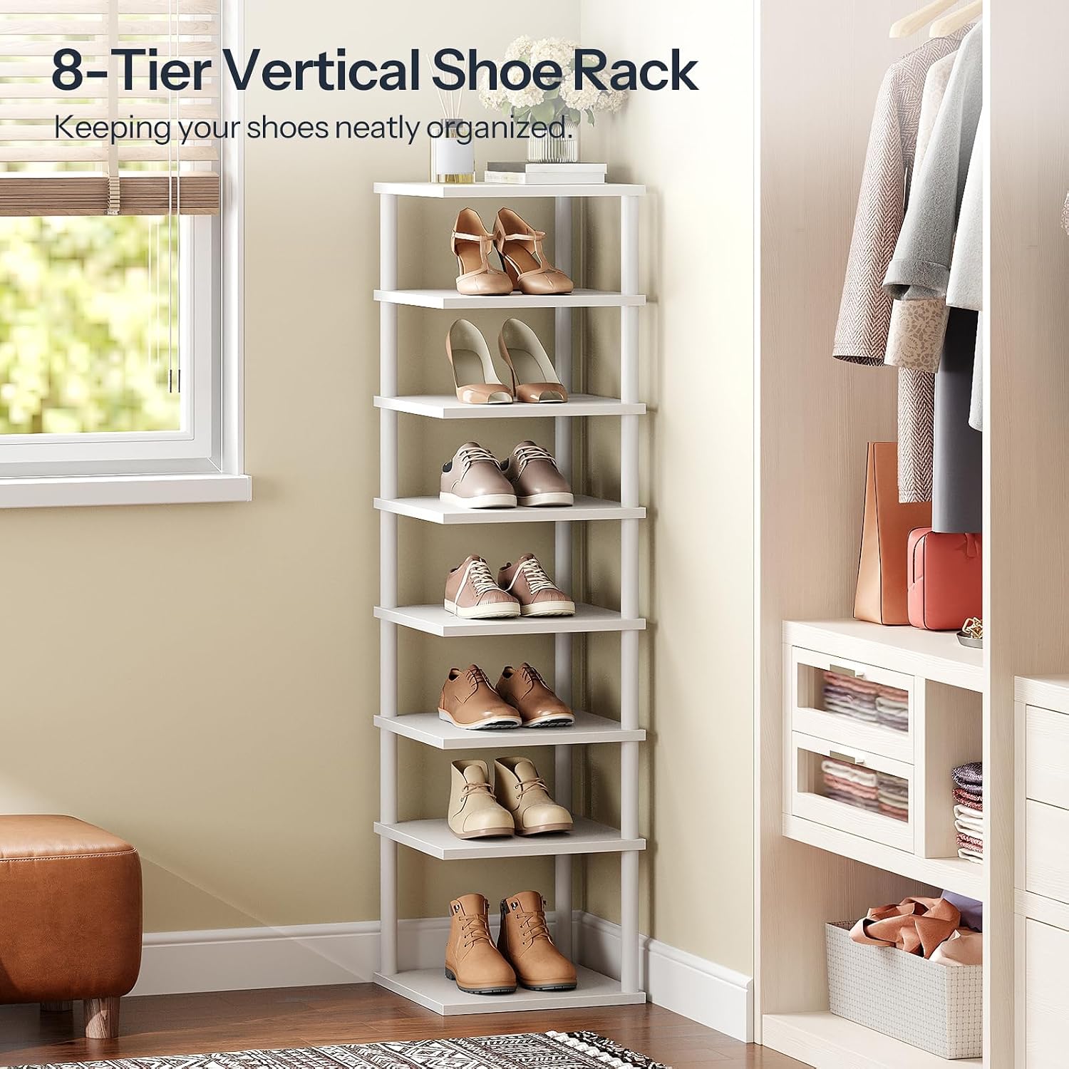 HOOBRO Vertical Shoe Rack, 8-Tier Narrow Shoe Shelf, Shoe Storage Organizer for Small Space, 11" L x 11" W x 53" H, Closet, Entryway, Hallway, Bedroom, White WW22XJ01