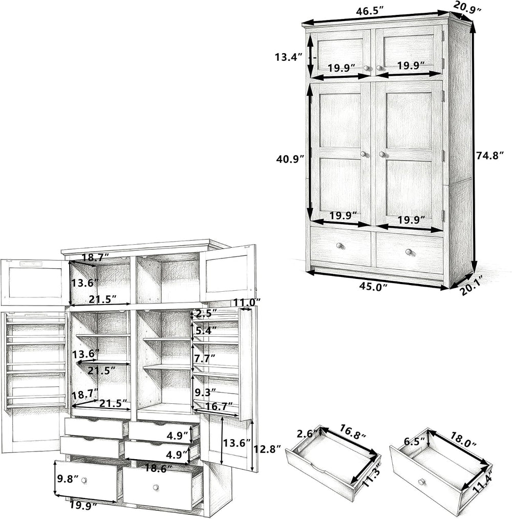 Tall Kitchen Pantry Cabinet with Adjustable Shelves, Freestanding Large Cupbo...