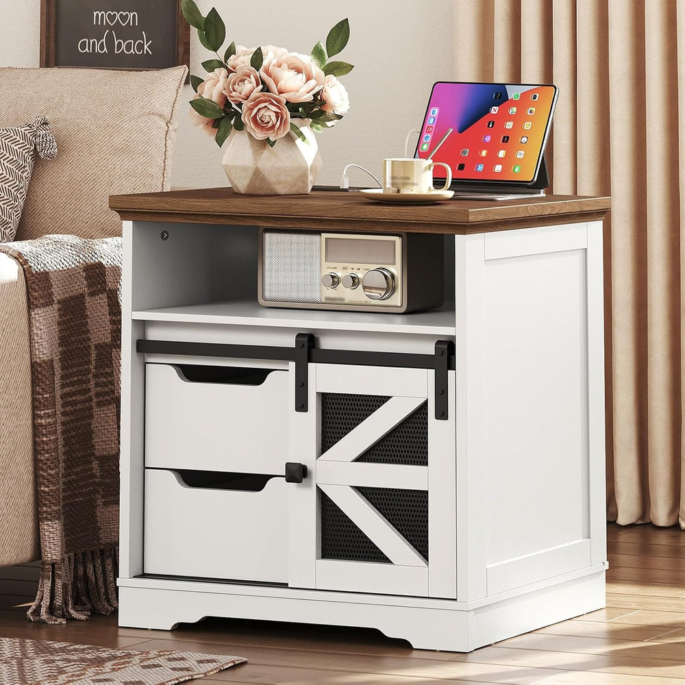 RALGEND Farmhouse End Table with Charging Station, Sofa Side Table with 2 Dra...
