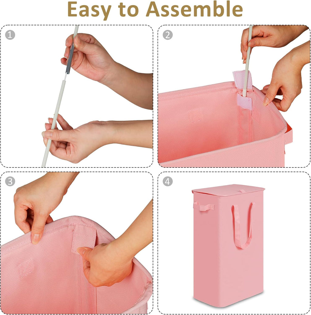 efluky Slim Laundry Basket with Lid, Narrow Laundry Hamper with Handles, Collapsible Dirty Clothes Hamper, Tall Laundry Bin for Laundry Room, Dorm and Bedroom, 55L Pink