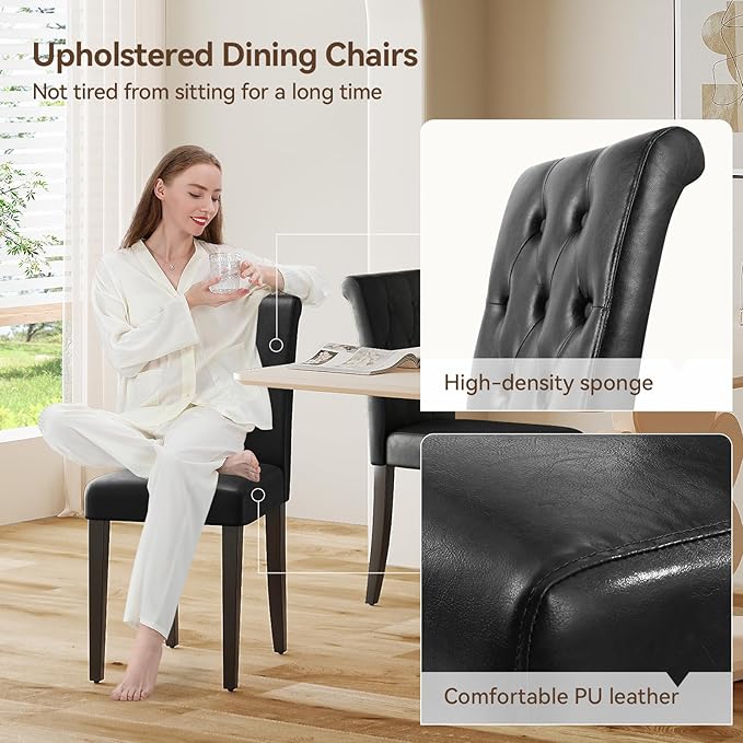 Upholstered Dining Chairs Set of 4, Button Tufted Parsons Dining Chair with Solid Wood Legs, Modern PU Leather Side Chair for Dining Room/Kitchen/Restaurant/Hotel- Black