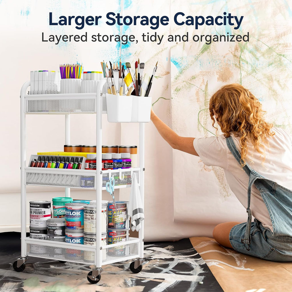 YASONIC 3 Tier Metal Rolling Cart, White Utility Storage Cart with Wheels | Metal Mesh Craft Cart With Hooks & Hanging Cups, Ideal For Kitchen, Bathroom, Office, Dorm, Art Workspace, Bedside Storage