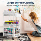 YASONIC 3 Tier Metal Rolling Cart, White Utility Storage Cart with Wheels | Metal Mesh Craft Cart With Hooks & Hanging Cups, Ideal For Kitchen, Bathroom, Office, Dorm, Art Workspace, Bedside Storage