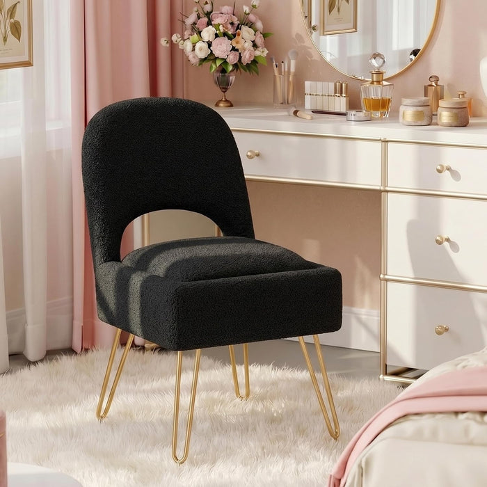 Vanity Stool with Storage & Folding Backrest, Cute Black Faux Fur Makeup Stool Ottoman, Comfy Padded Chair for Bedroom, Adjustable Back & Plush Cushion Seat, 16.6" Wide 11L Storage Space