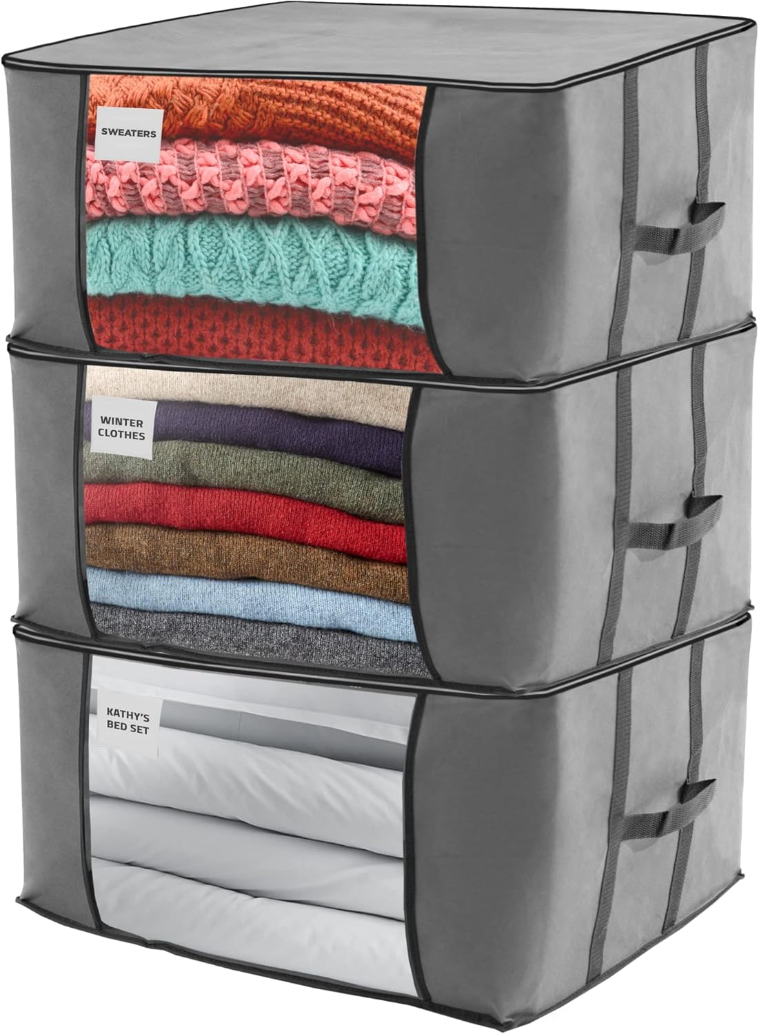 NestNeatly Large Capacity Clothes Storage Bag Organizer with Reinforced Handle for Comforters, Blankets, Bedding, Foldable with Sturdy Zipper, Clear Window, 3 Pack, Gray