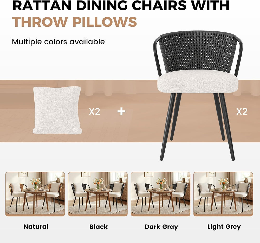 Rattan Dining Chairs Set of 2, Upholstered Kitchen Chair with Metal Legs, Erg...
