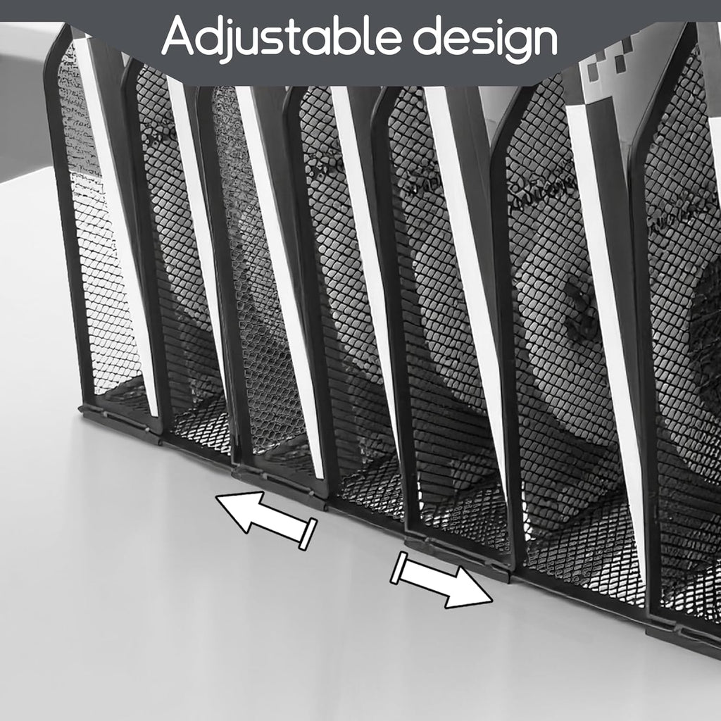 Adjustable Desk File Organizer,Detachable Office Folder Organizer,Compact Vertical Desk File Holder,Wrought Iron Paint,Suitable for Home, School, Office Classrooms (Black - 7 grids)