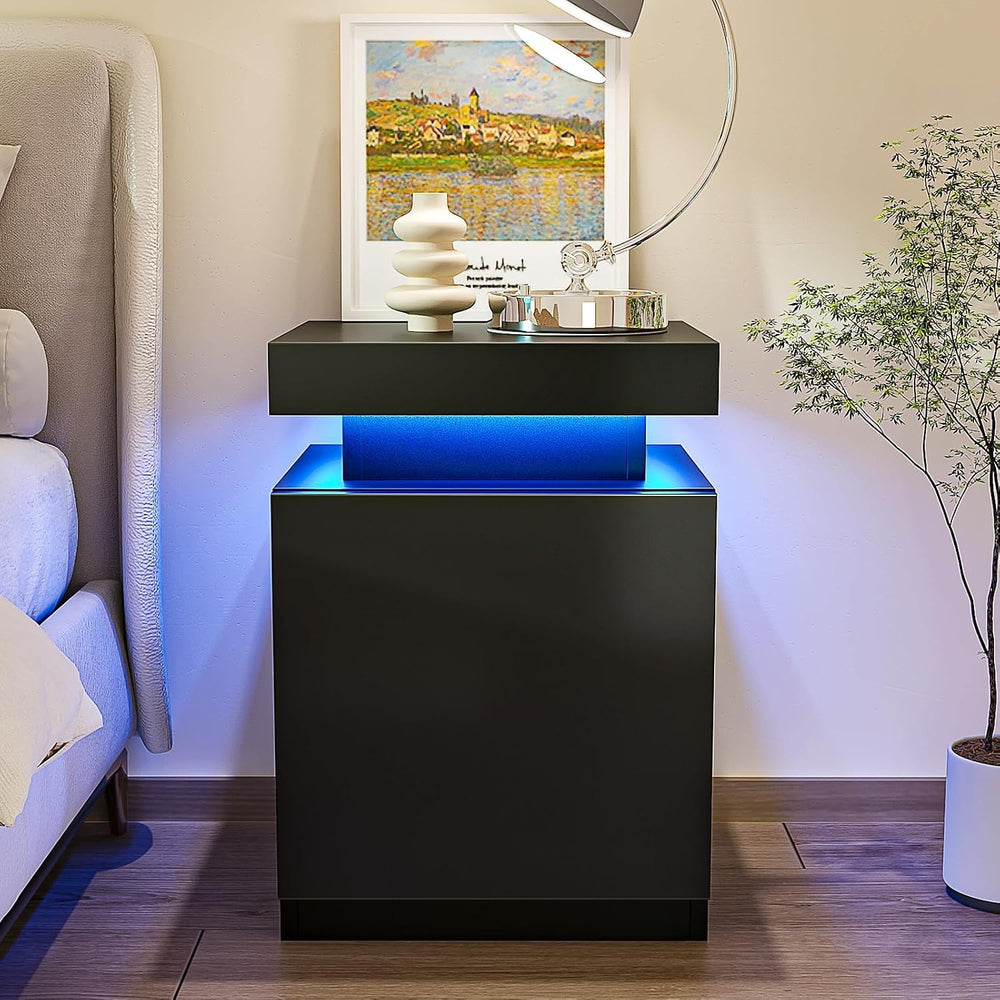 MXV Nightstand with LED Lights & Charging Station, Black Bedside Tables w...