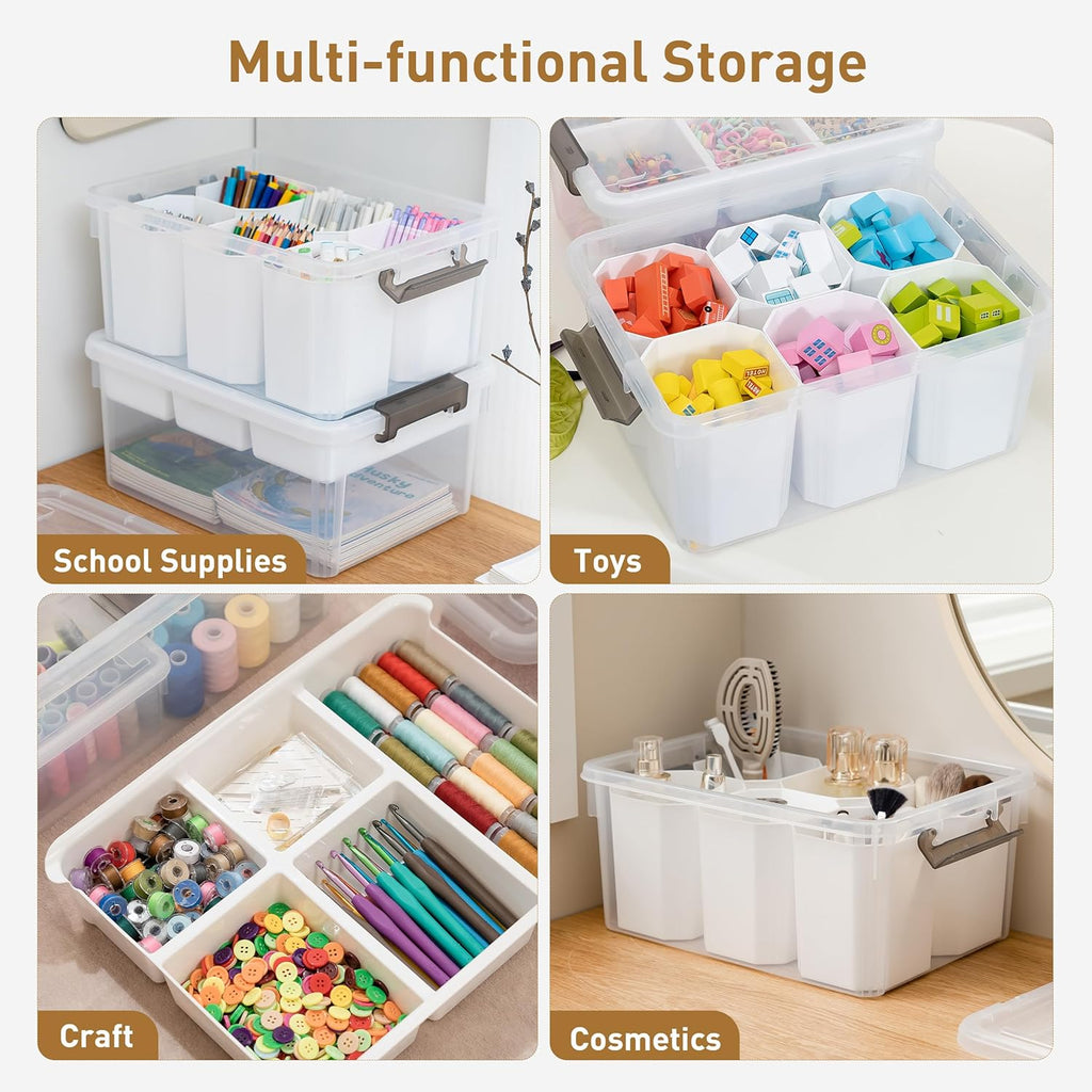 Citylife 17 QT Plastic Storage Box with Removable Tray and 6 Detachable Tall Inserts Craft Organizers and Storage Clear Storage Container for Organizing Crayon, Craft, Sewing, Playdoh, 4 Packs