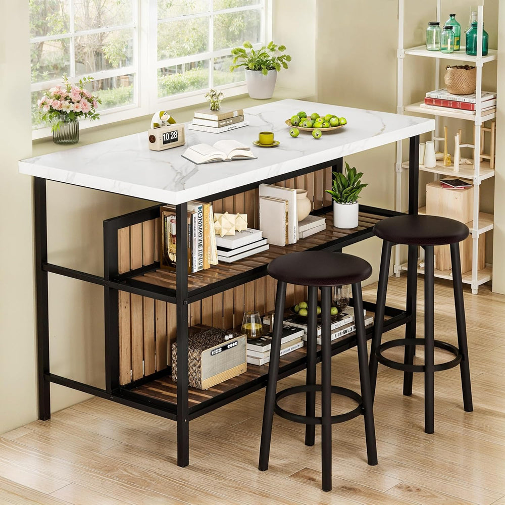 DKLGG Kitchen Island with Stools & Storage, Modern Dining Table Set for 2...