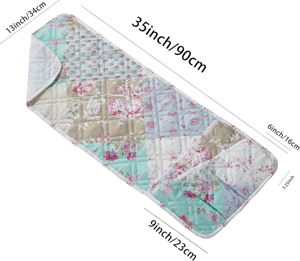 Brilliant Sunshine Blue and Green Rose Patchwork Couch Armrest 5 Pockets Organizer, Slip Resistant Armchair Caddy, Washable Remote Controls Holder, Storage for Magazine, Tablet, Phone, Blue Green