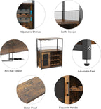 IDEALHOUSE 3-Tier Wine Bar Cabinet with Detachable Wine Rack and Drawer, Industrial Sideboard and Buffet Cabinet with Glass Holder and Mesh Door, Rustic Brown