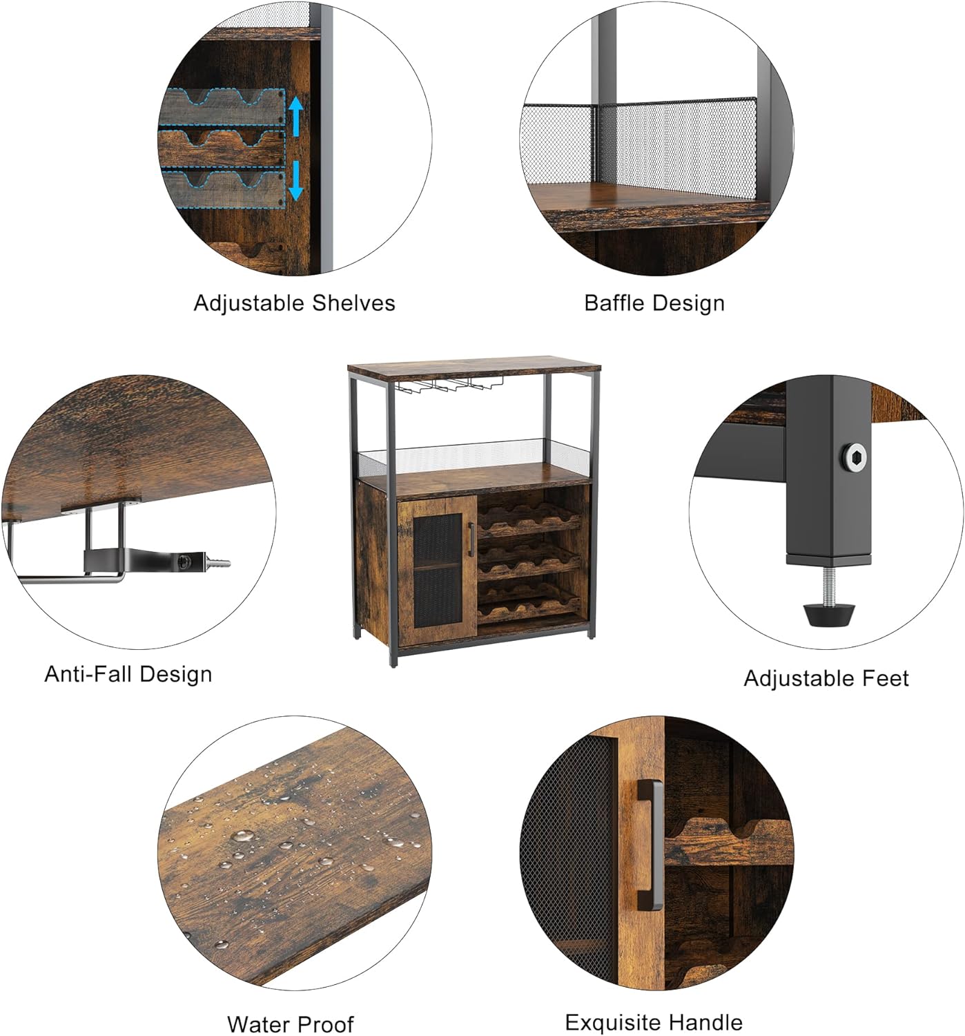 IDEALHOUSE 3-Tier Wine Bar Cabinet with Detachable Wine Rack and Drawer, Industrial Sideboard and Buffet Cabinet with Glass Holder and Mesh Door, Rustic Brown