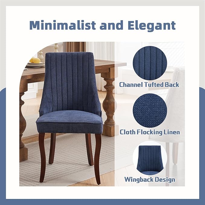 Dining Room Chairs Set of 8，Linen Channel Tufted Kitchen Dining Room Chair with Curved Solid Wood Legs, Comfortable Fabric Upholstered Dining Chair for Dining Room, (Blue 8pc)