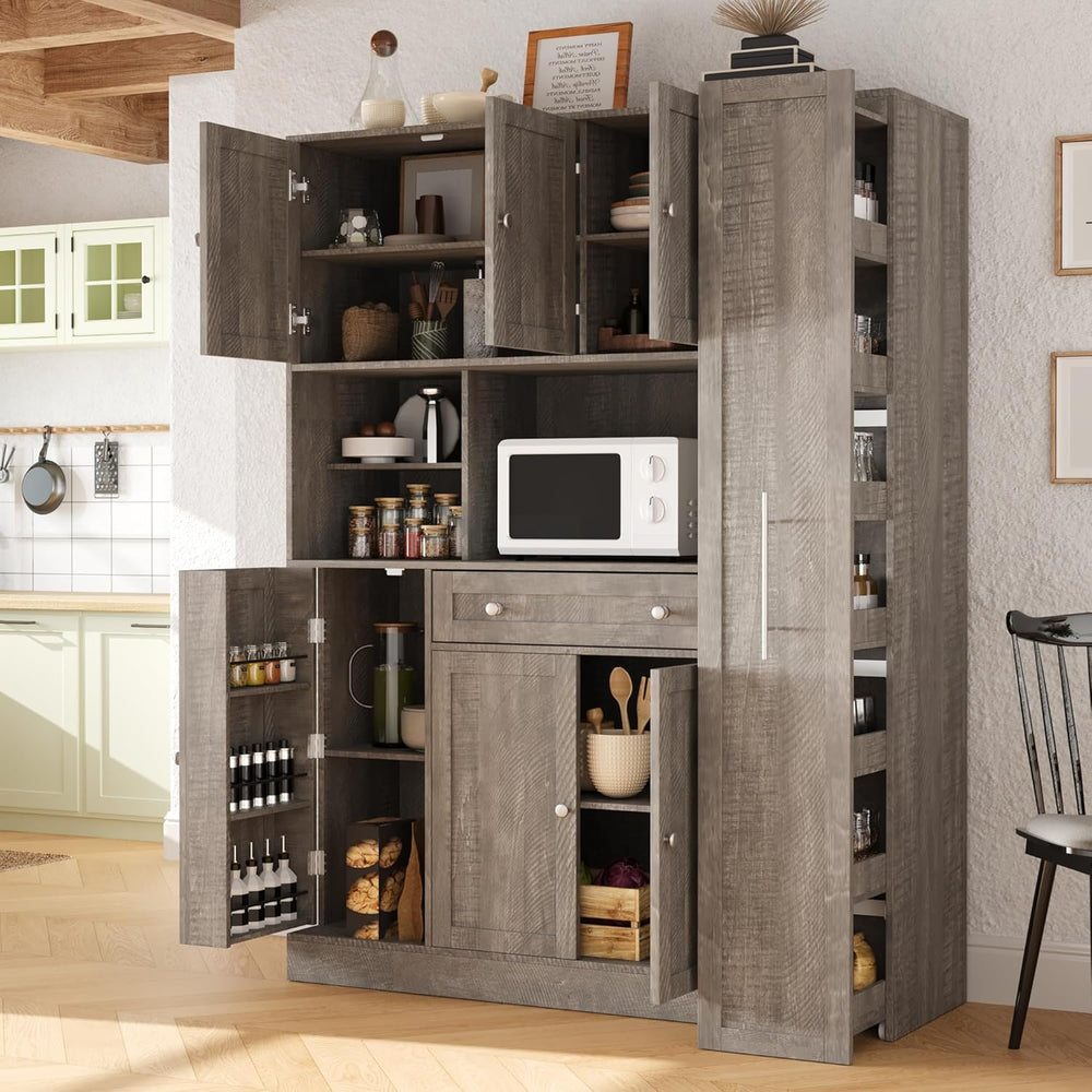 roomfitters Large Kitchen Pantry Cabinet with Pull-Out Side Storage and Hutch...