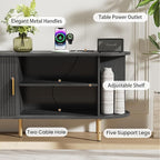 DHH 55 Inch Mid Century Modern TV Stand with Power Outlet for TVs up to 60 Inch, Entertainment Center with Storage and Adjustable Shelves, Media Console with Sliding Doors for Living Room(Black)