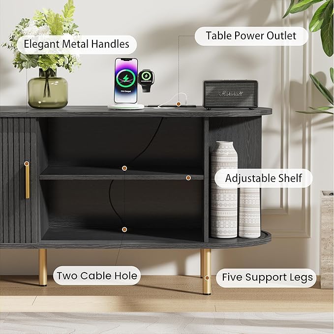 DHH 63 Inch Mid Century Modern TV Stand with Power Outlet for TVs up to 70 Inch, Entertainment Center with Storage and Adjustable Shelves, Media Console with Sliding Doors for Living Room(Black)