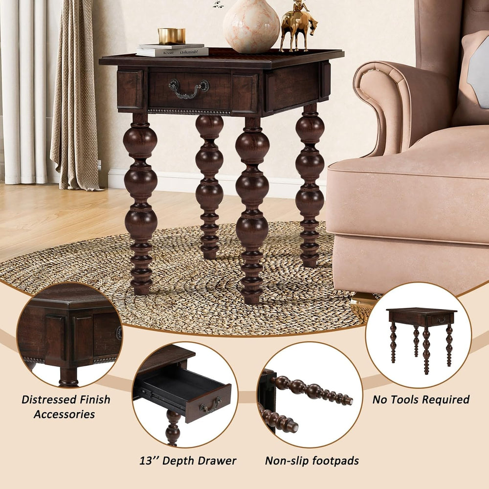 KEIKI Solid Rubber Wood Round Side End Table with Storage Drawer, Traditional...