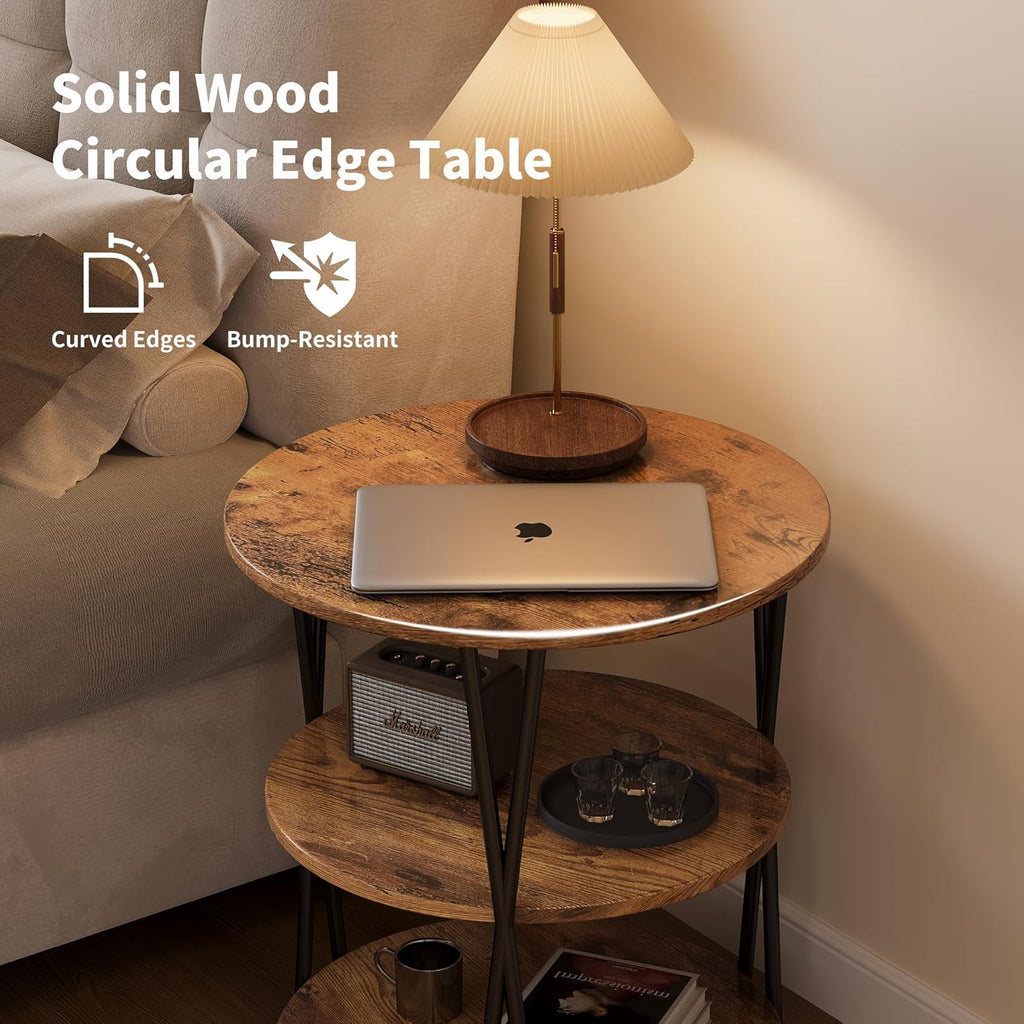23 Inch Round Side Table 3-Tier End Table Living Room Small Patio Table Nightstands Round Coffee Table Spacious Top for Couch Bedroom 3 Storage Shelves Accent Coffee Table, Rustic Brown