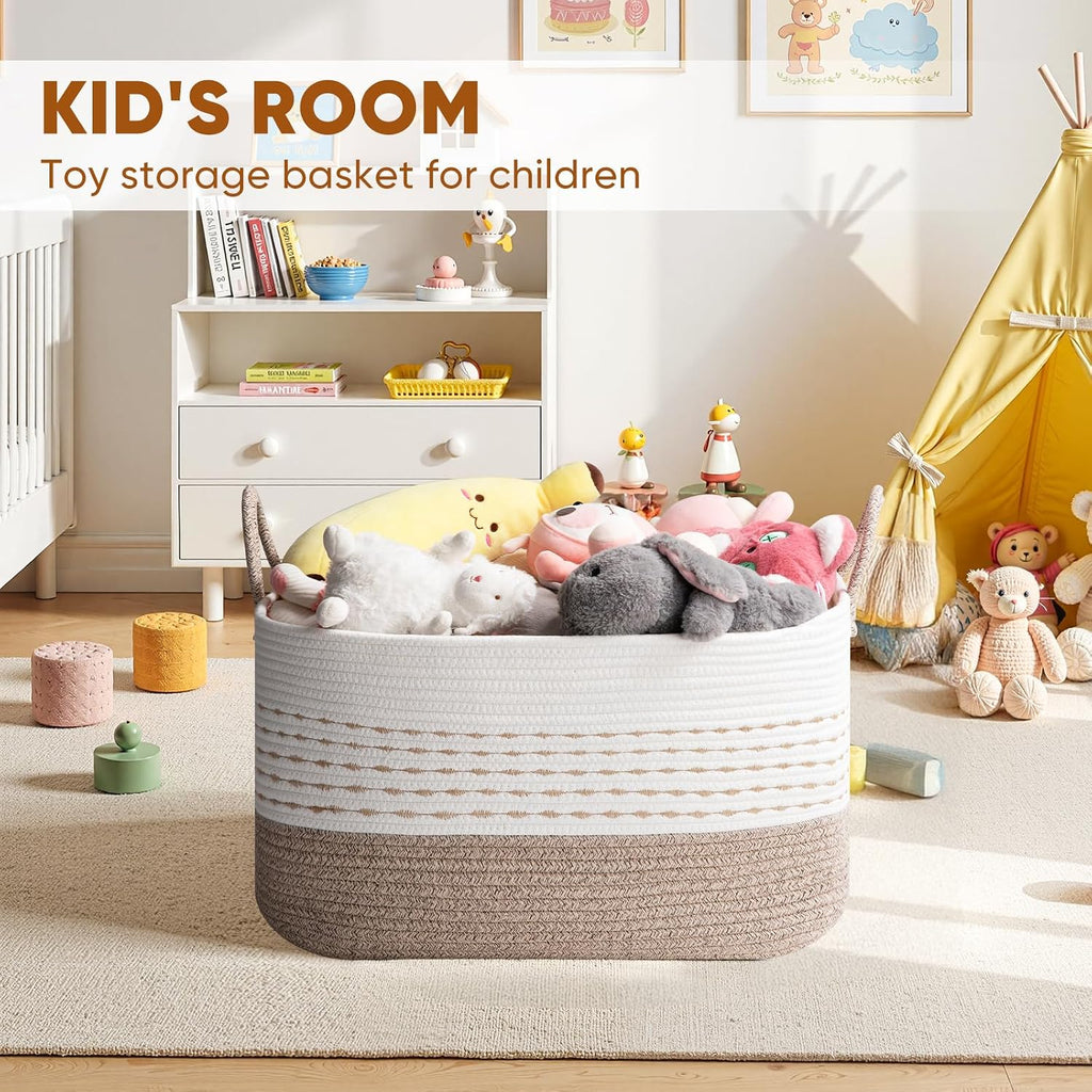 OIASKET 75L Large Cotton Rope Storage Basket, Soft Decorative Blanket Basket for Living Room & Bedroom, Boho Laundry Hamper with Handles Capable of Holding Pillows, Clothes and Toys-Brown & White