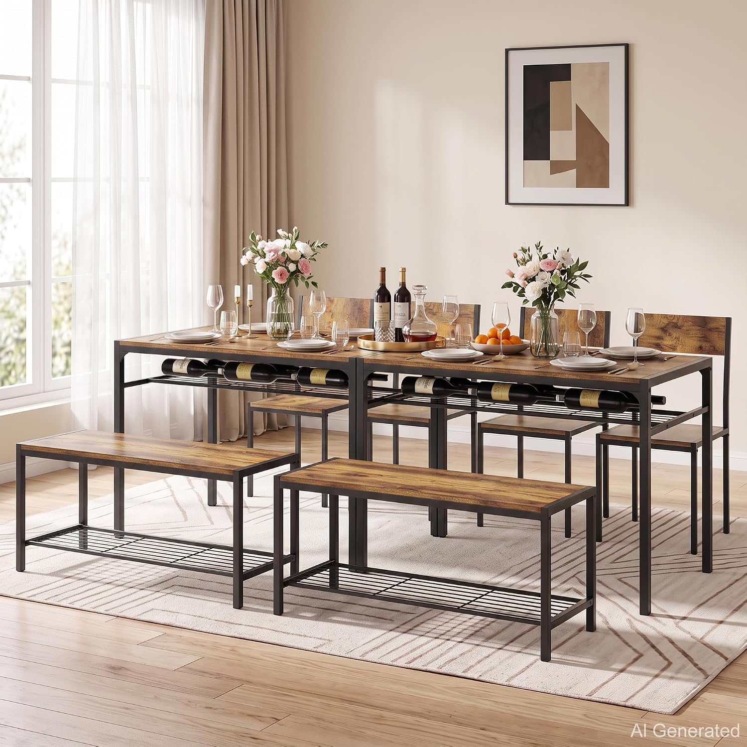 VECELO Kitchen Dining Room Table with 2 Chairs & Bench, Compact Space-Saving Design, Easy Assembly Steel Frame, Perfect for Small Apartments & Breakfast Nooks，Dark Brown