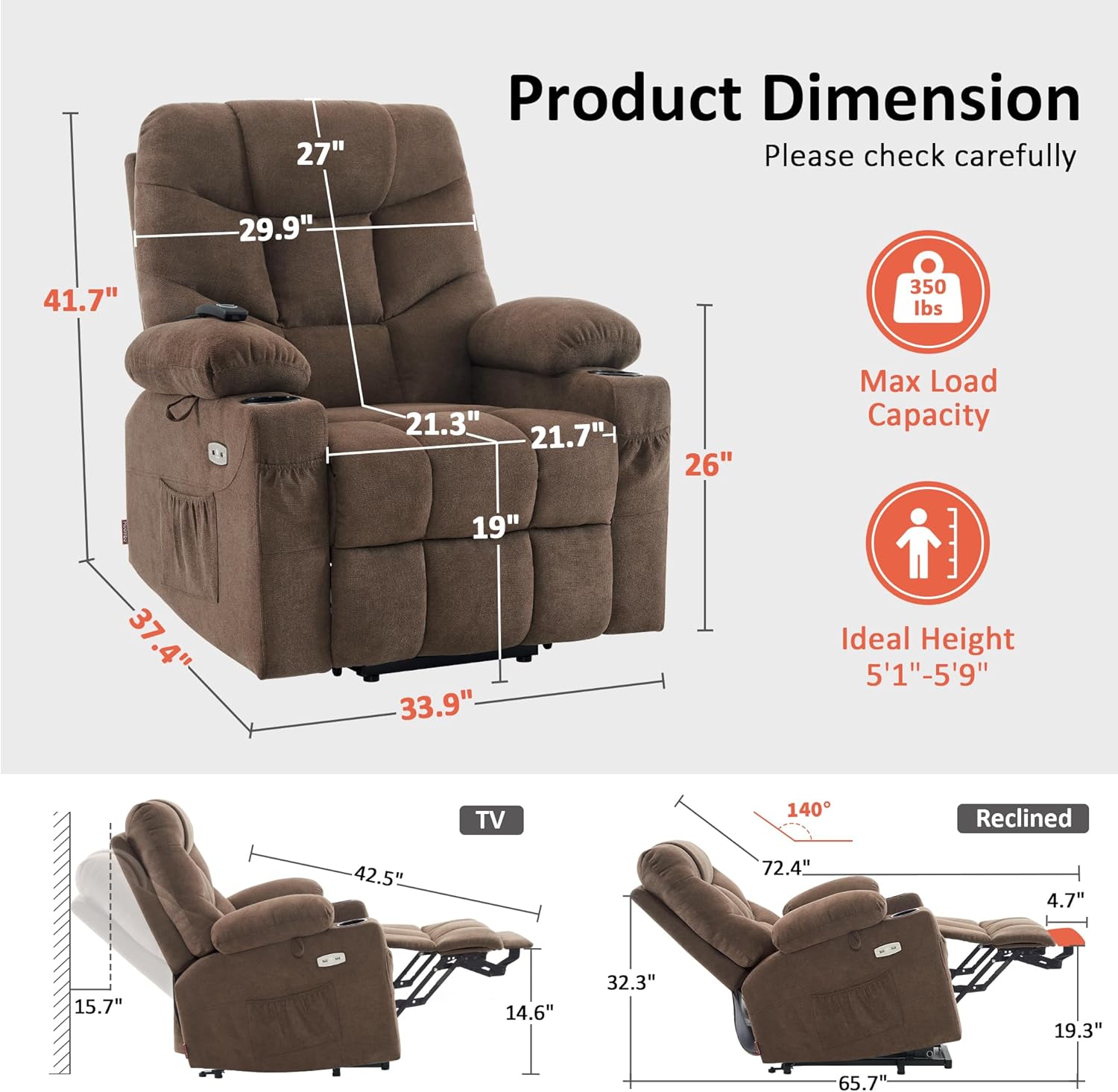 MCombo Power Lift Recliner Chair with Extended Footrest for Elderly People, Fabric 7287 (Brown, Medium)