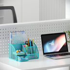 EasyPAG Mesh Desk Organizer with Drawer Multi-Functional Pen Holder Stationery Organizer for Office School Supplies 6 Compartments Dorm Organizers and Storage for Desk, Blue
