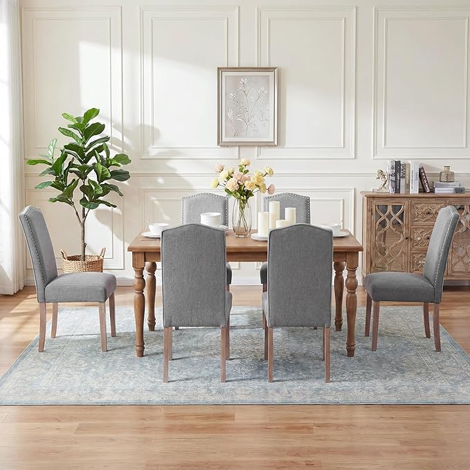 Upholstered Dining Chair Modern Stylish Parsons Kitchen Diner High Back with Silver Nailhead Trim & Wood Legs, Set of 2, Fabric Classic Grey