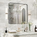 32×32 Black Bathroom Mirror, Rectangular Bathroom Vanity Mirror for Wall with Rounded Corners & Aluminum Alloy Frame, Tempered-Glass, Modern, Farmhouse, Horizontal/Vertical, Entryway, Bedroom