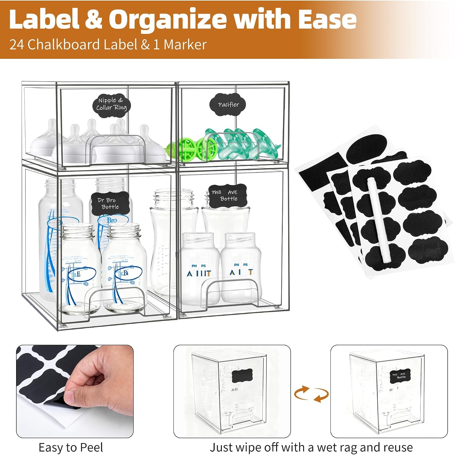 Baby Bottle Organizer, Stackable Storage Drawers with Label, Clear Station Organizers Container for Pacifiers, Pump Parts, Desk Organizer Bins for Bathroom, Cabinet, Pantry, Vanity, Countertop, 4 Pack