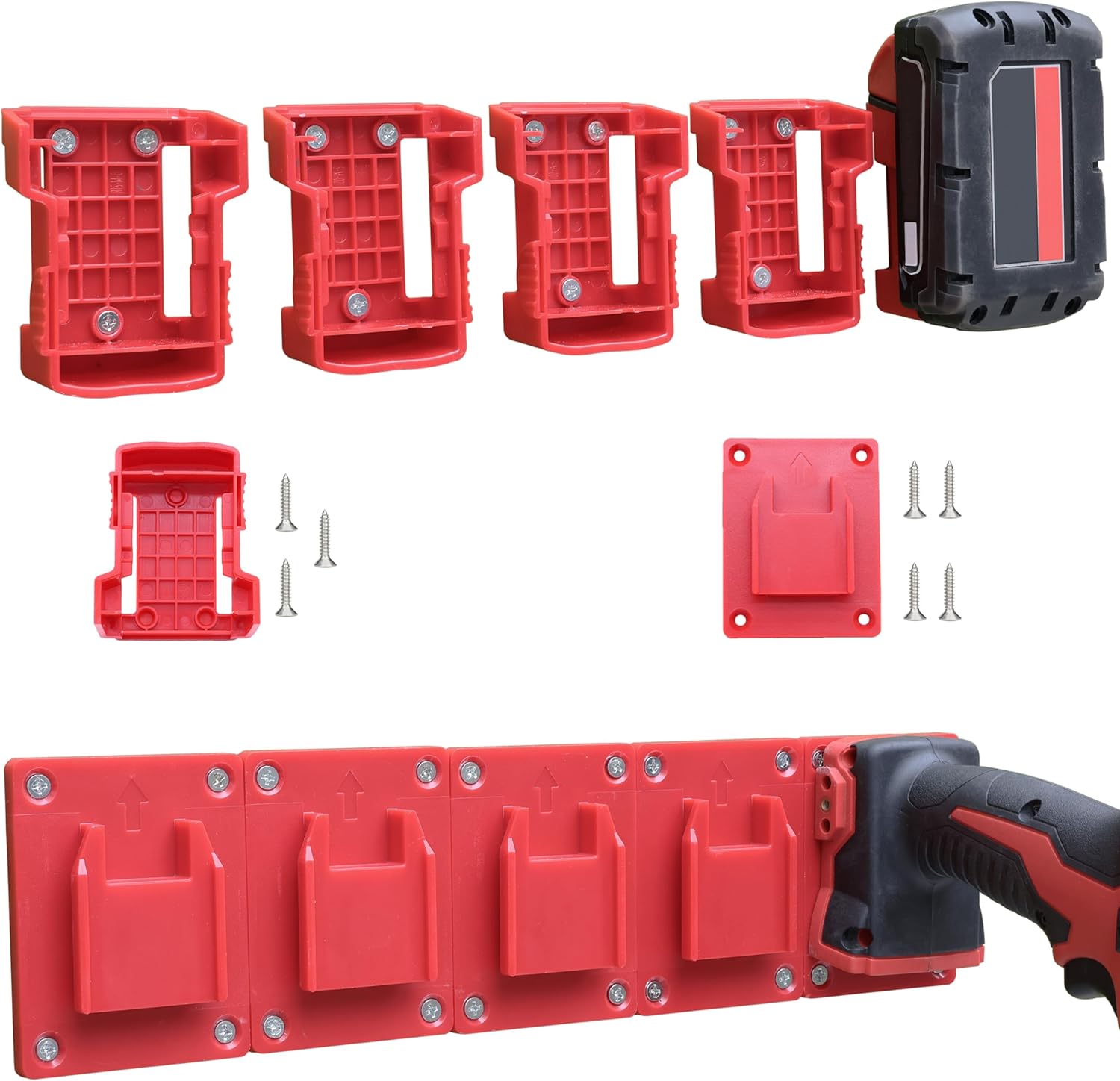 20 Pack Battery Holders Tool Holders for Milwaukee M18 18V Drill,10pcs Tool Hangers and 10pcs Battery Organizer Wall Mount(Red,70pcs Screws)
