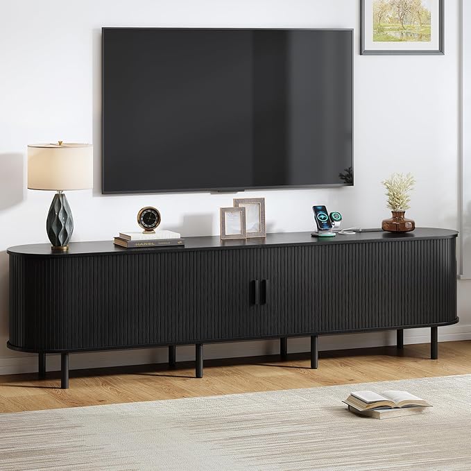 86.6" TV Stand with Power Outlet, Mid-Century Modern Television Stand, Fluted Media Console with Sliding Doors, Entertainment Center for TVs up to 90 Inch, Adjustable Shelves, Black