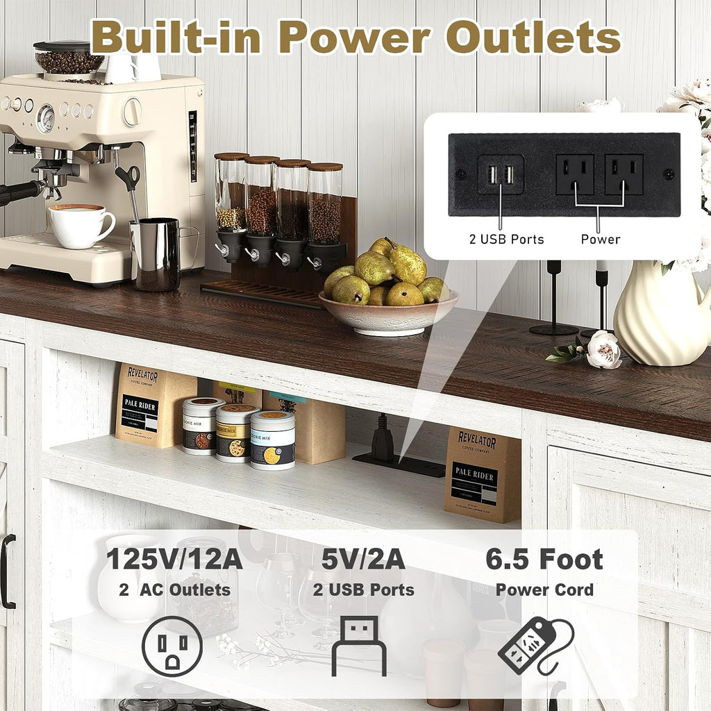 XVD 75" Farmhouse Coffee Bar with Charging Station, Sideboard Buffet with Large Storage, Wood Storage Cabinet with Adjustable Shelves for Kitchen, Living Room, Rustic White