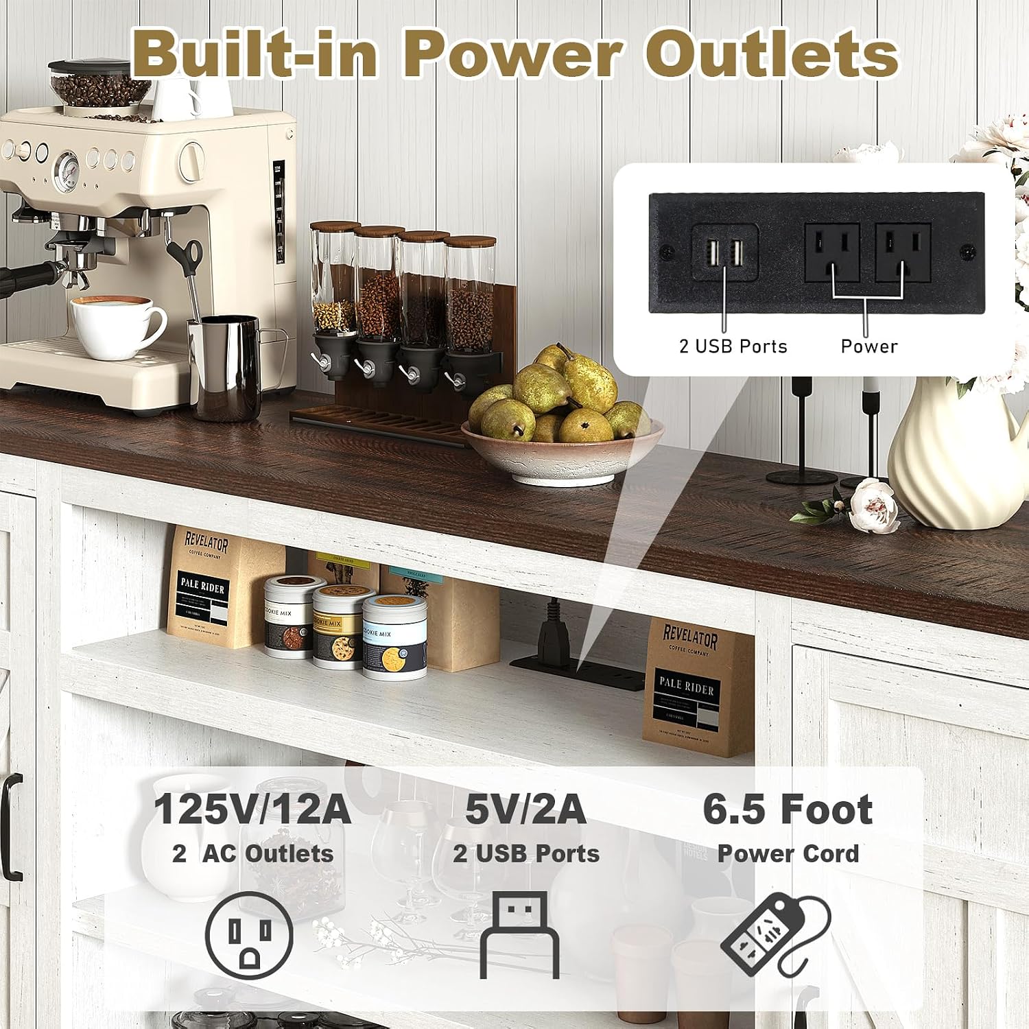 XVD 75" Farmhouse Coffee Bar with Charging Station, Sideboard Buffet with Large Storage, Wood Storage Cabinet with Adjustable Shelves for Kitchen, Living Room, Rustic White