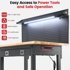 Work Bench with Wheels 60 x 22 Inch Heavy Duty Rubberwood Tabletop Work Table Adjustable Height Garage Workbench with LED, Drawers, Pegboard, Power Outlets for Woodworking Shop, Home, Office