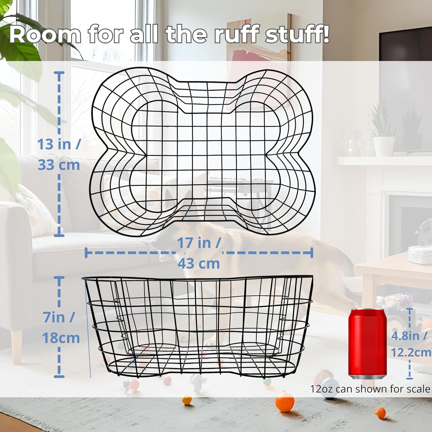 OtterPets Metal Dog Toy Basket, Bone Shaped Indestructible Dog Toy Bin, Sturdy Dog Storage Organizer, Pet Toy Basket, 17 (L) x 13 (W) x 7 (H) inches