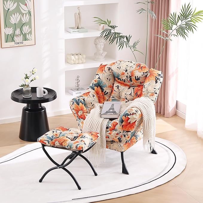 Welnow Lazy Chair with Ottoman, Modern Lounge Accent Chair with Armrests and a Side Pocket, Leisure Sofa Armchair Set, Reading Armchair with Footrest for Small Space, Orange Blue