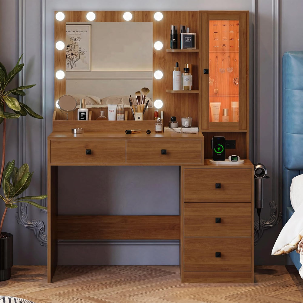 Xixini Vanity Desk with Mirror and Lights, Makeup Vanity Table Set with 5 Sto...