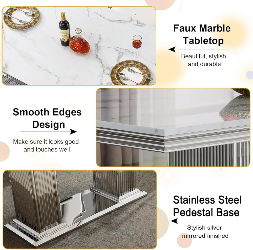 68 in Faux Marble Dining Table for 4-6, White Marble Dining Table with Silver...