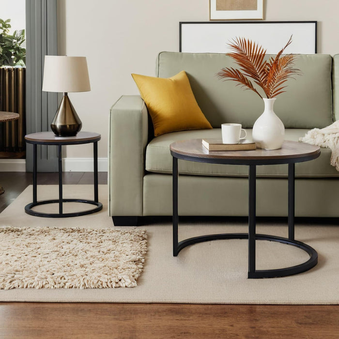 Round Nesting Tables, Sofa Side Table Set of 2, Coffee Table | End Tables for Living Room Bedroom Balcony, Walnut Top Stacking Coffee Table with Black Steel Frame Black | Brown