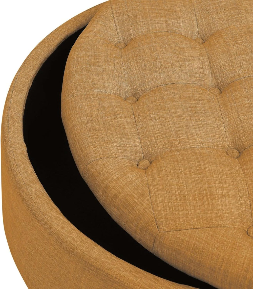 Tufted Storage Ottoman Round Upholstered Linen Ottoman Decorative Foot Stool with Storage for Living Room Bedroom Entryway Home Decor (Orange)