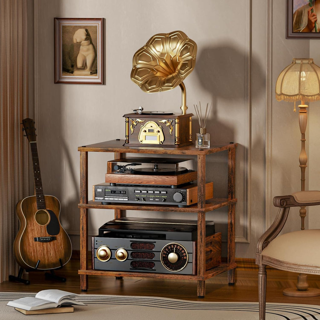 LELELINKY 3-Tier AV Media Player Stand, Brown Stereo Cabinet, Modern Stereo Cabine,Game Console Shelf,Wooden TV Stand,Multifunctional Entertainment Center, Suitable for Home, Conference Room